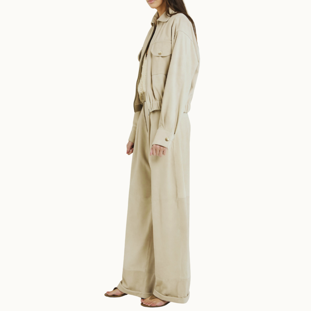 CALÇA COURO JOTU TAUPE GRIS