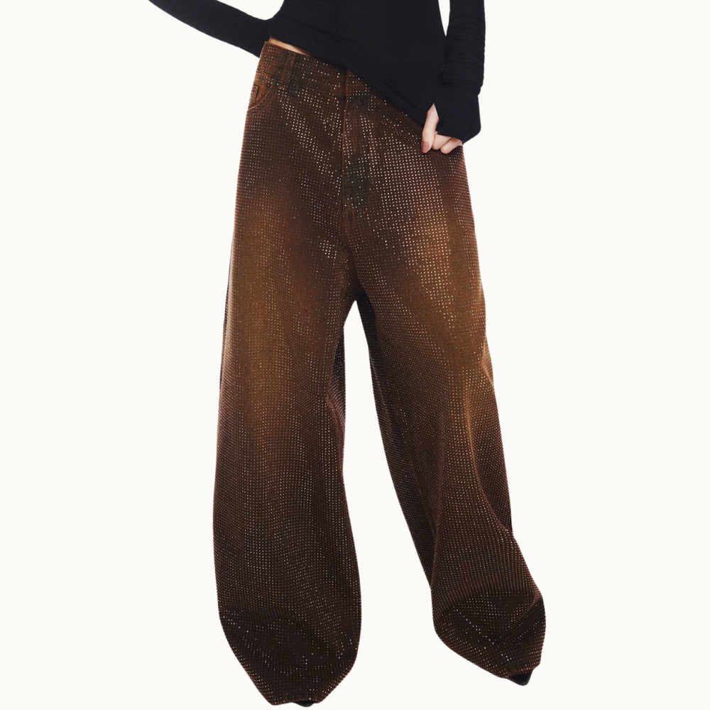 CALÇA JEANS MARROM PEDRAS