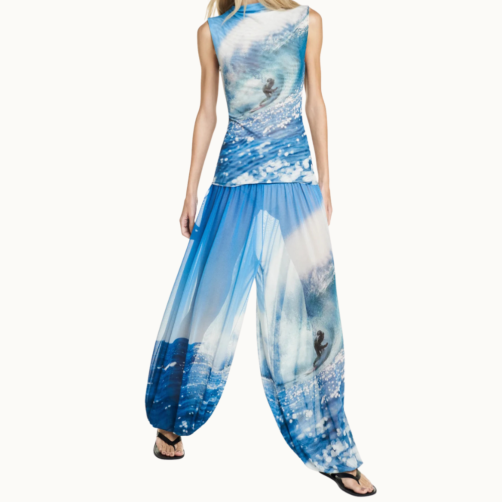 CALÇA PALA DRAPEADA ELÁSTICO BARRA TULE SURF