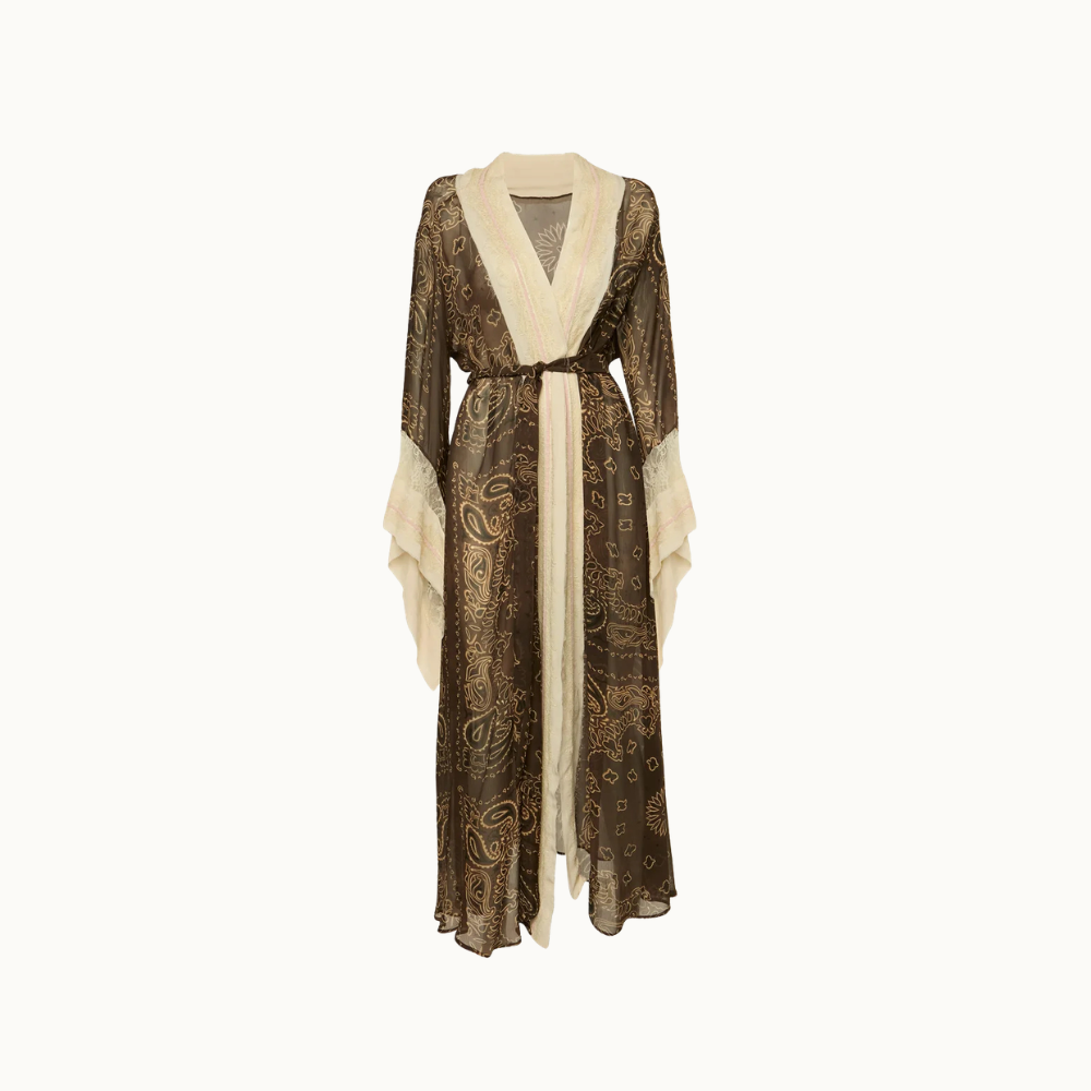 KIMONO LONGO CHIFFON BANDANA MARROM COM RENDA