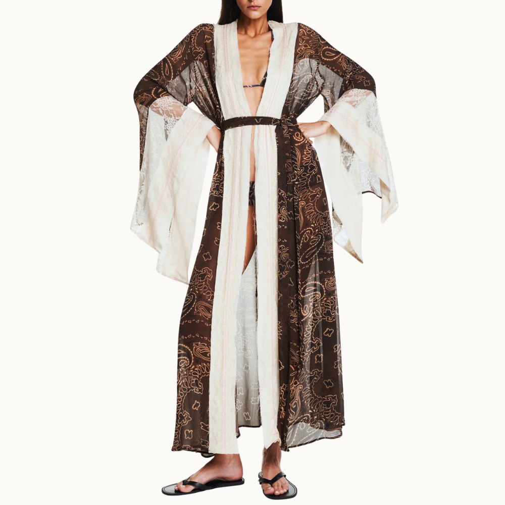 KIMONO LONGO CHIFFON BANDANA MARROM COM RENDA