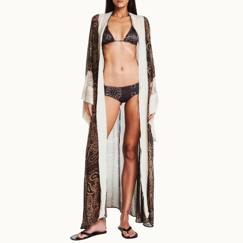 KIMONO LONGO CHIFFON BANDANA MARROM COM RENDA