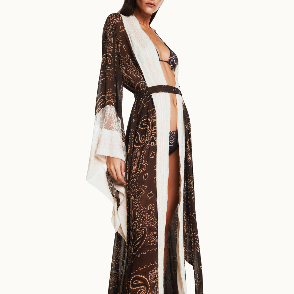 KIMONO LONGO CHIFFON BANDANA MARROM COM RENDA