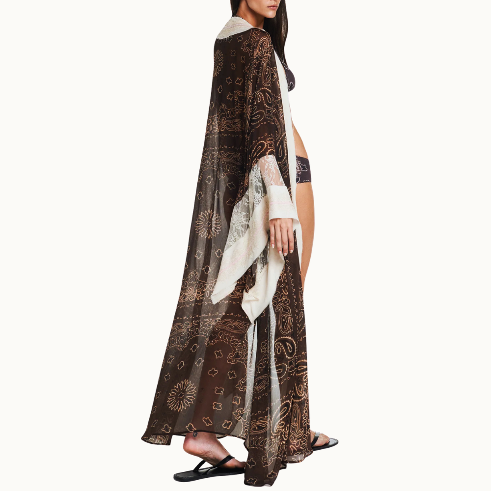 KIMONO LONGO CHIFFON BANDANA MARROM COM RENDA