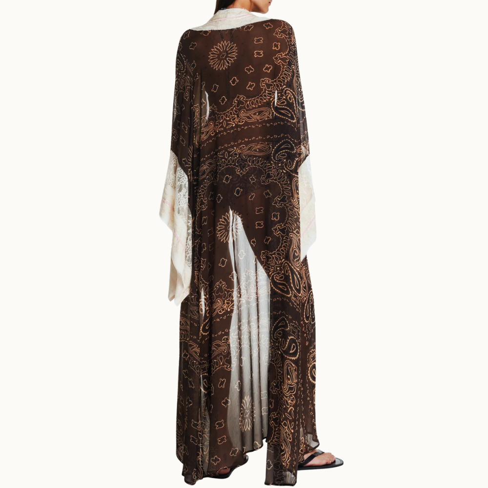 KIMONO LONGO CHIFFON BANDANA MARROM COM RENDA