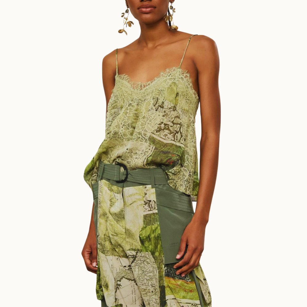 TOP DE GEORGETTE DE ALCINHA DECOTE V ESTAMPADO COM RENDA