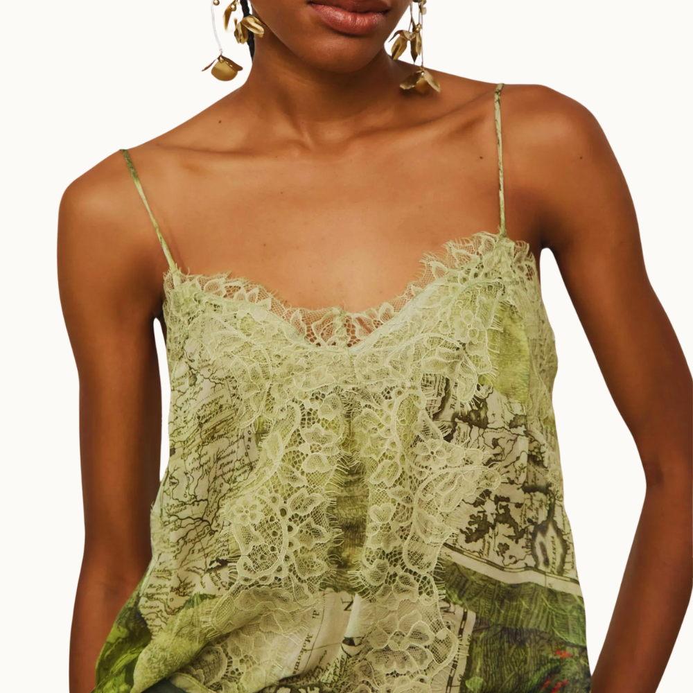 TOP DE GEORGETTE DE ALCINHA DECOTE V ESTAMPADO COM RENDA