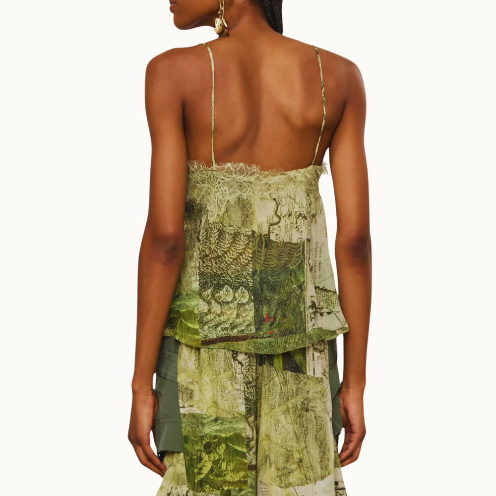 TOP DE GEORGETTE DE ALCINHA DECOTE V ESTAMPADO COM RENDA