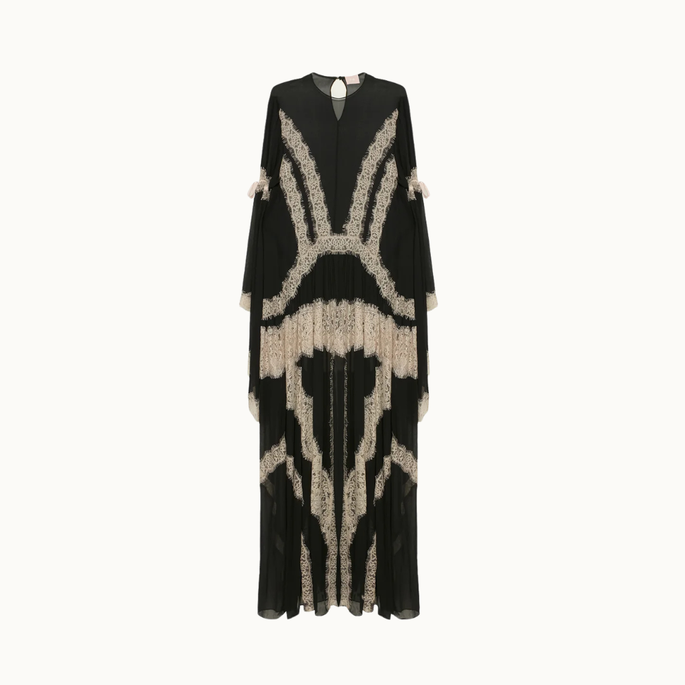 VESTIDO LONGO MANGA LONGA CHIFFON COM RENDA