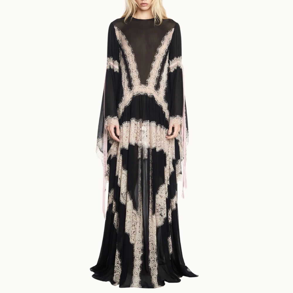 VESTIDO LONGO MANGA LONGA CHIFFON COM RENDA