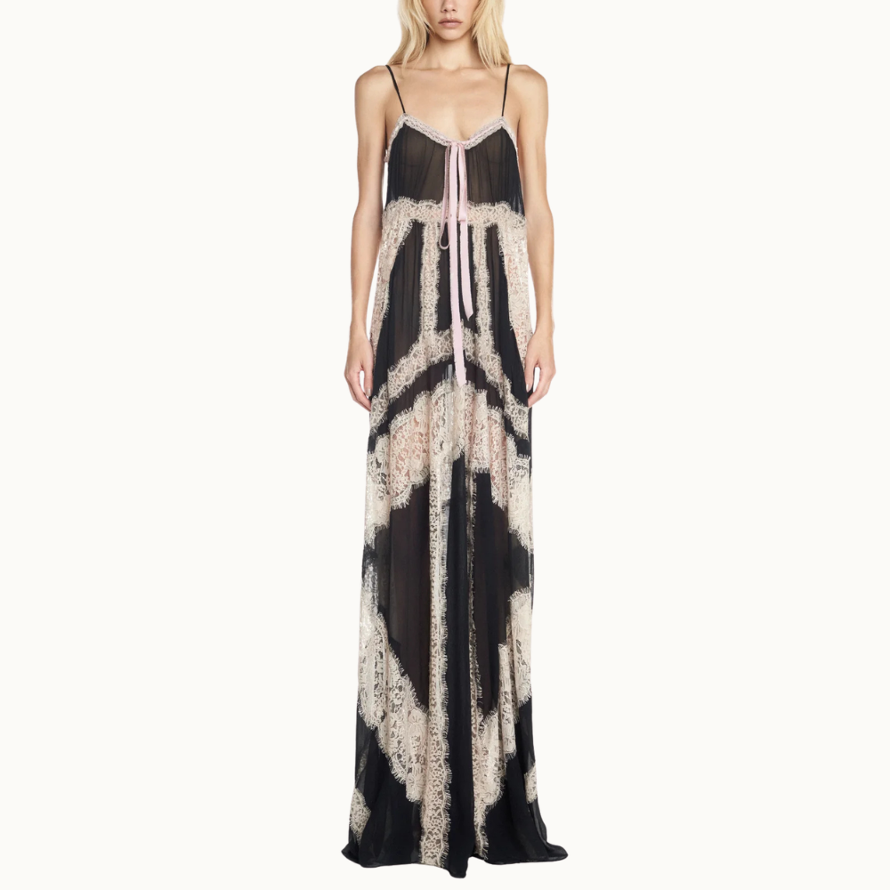 VESTIDO LONGO ALÇA CHIFFON COM RENDA