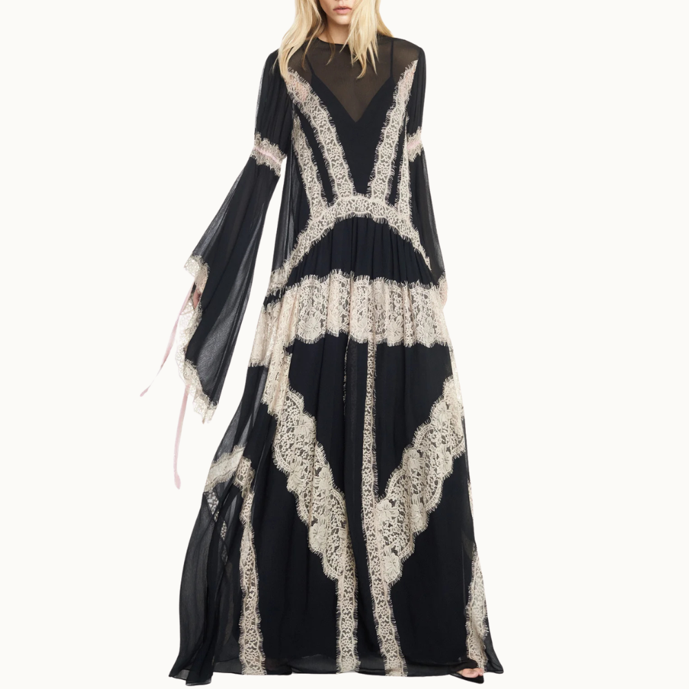 VESTIDO LONGO MANGA LONGA CHIFFON COM RENDA