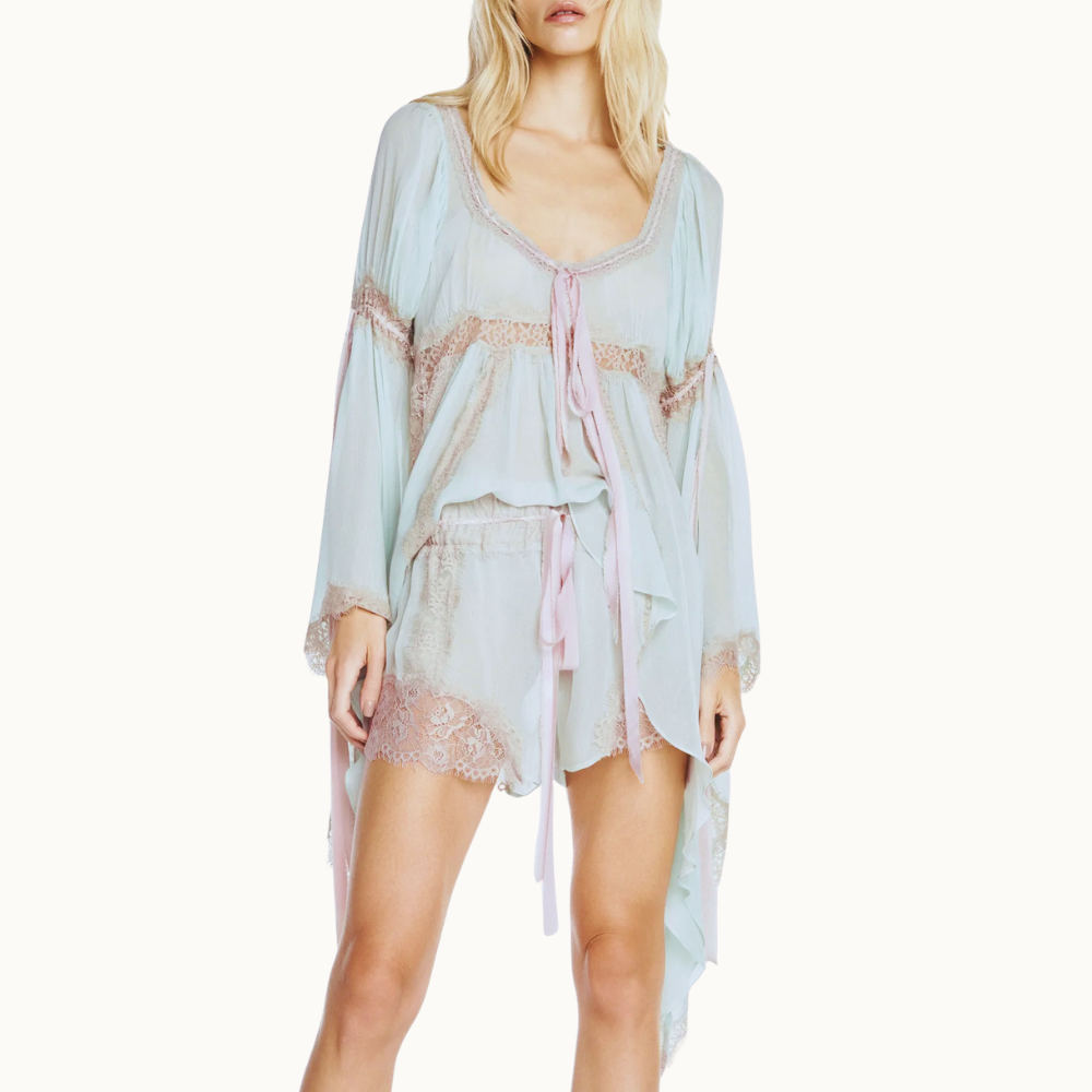 SHORTS CHIFFON VERDE COM RENDA BEGE