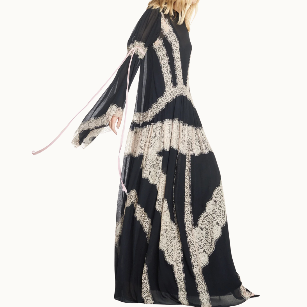 VESTIDO LONGO MANGA LONGA CHIFFON COM RENDA
