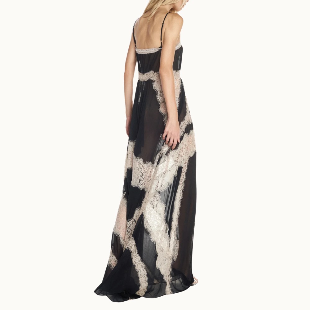 VESTIDO LONGO ALÇA CHIFFON COM RENDA