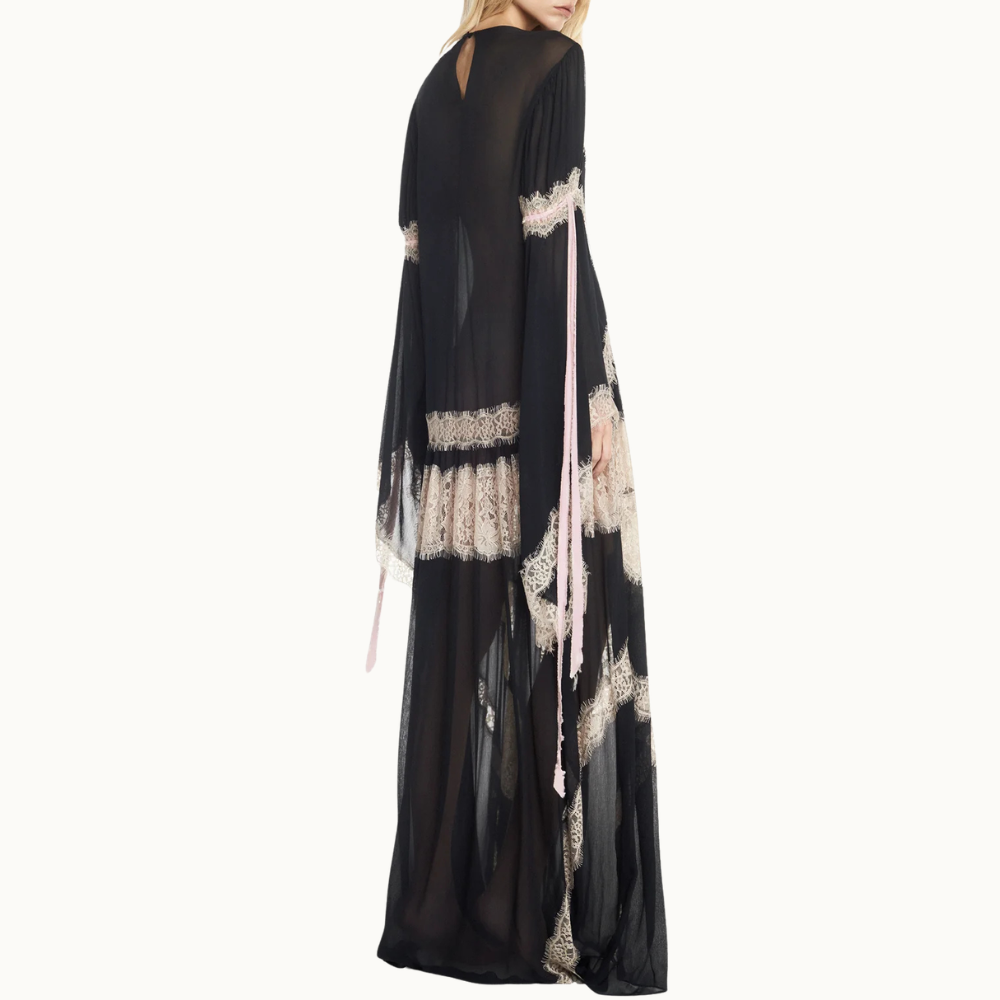 VESTIDO LONGO MANGA LONGA CHIFFON COM RENDA