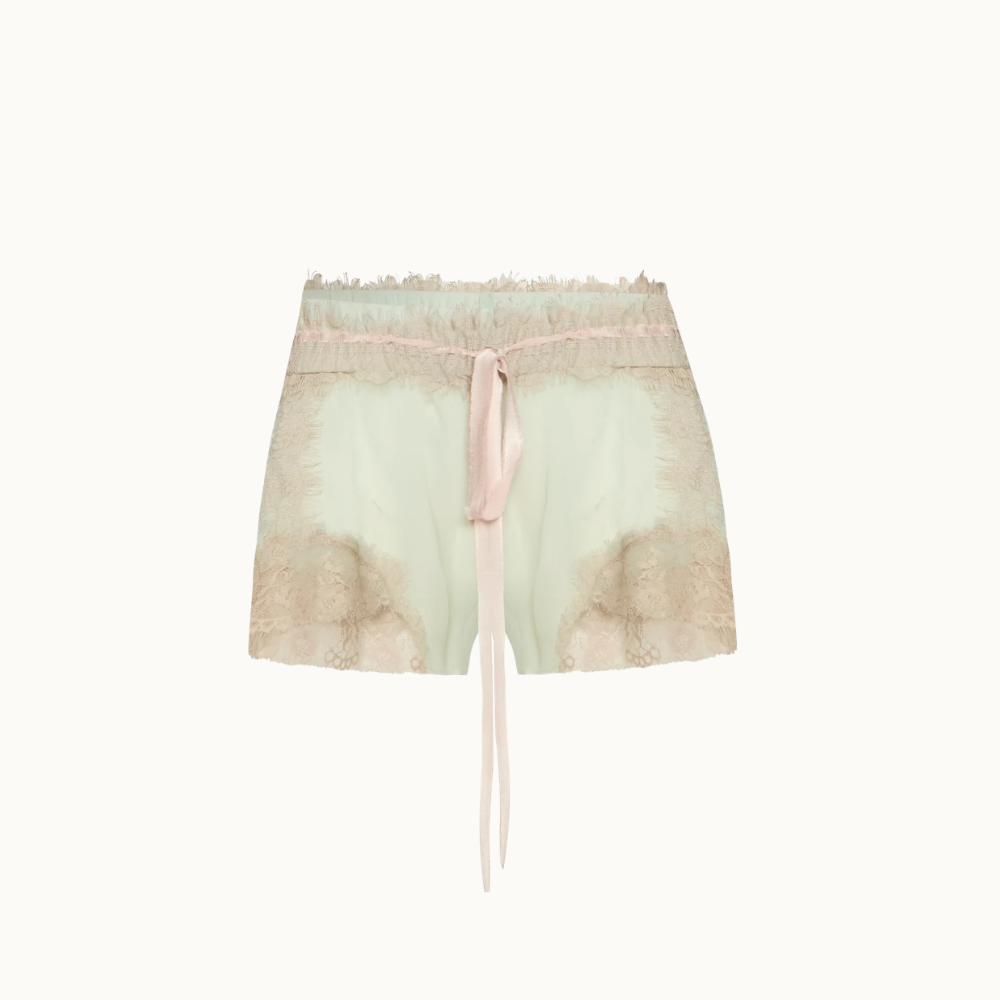 SHORTS CHIFFON VERDE COM RENDA BEGE