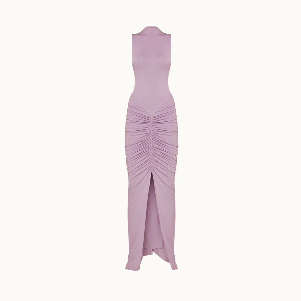 VESTIDO LONGO SEM MANGA SAIA DRAPEADA MALHA LAVANDA