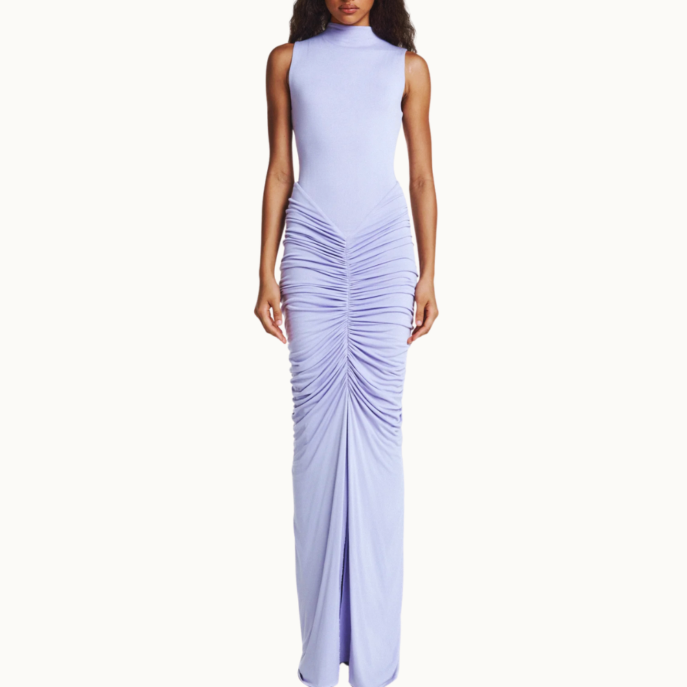 VESTIDO LONGO SEM MANGA SAIA DRAPEADA MALHA LAVANDA