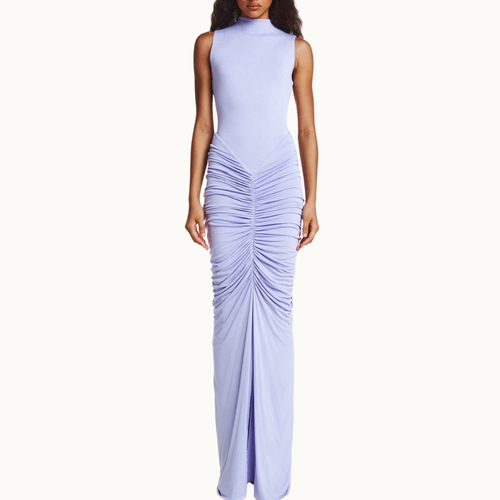 VESTIDO LONGO SEM MANGA SAIA DRAPEADA MALHA LAVANDA