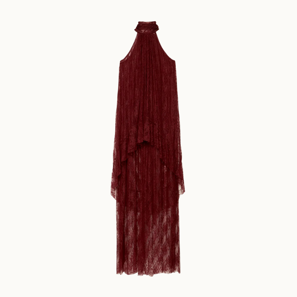 VESTIDO LONGO SEM MANGA GOLA ALTA BABADOS MULLET RENDA