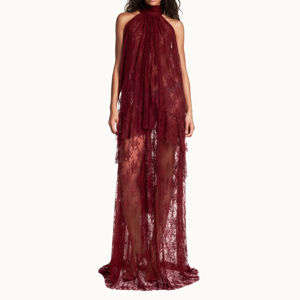 VESTIDO LONGO SEM MANGA GOLA ALTA BABADOS MULLET RENDA