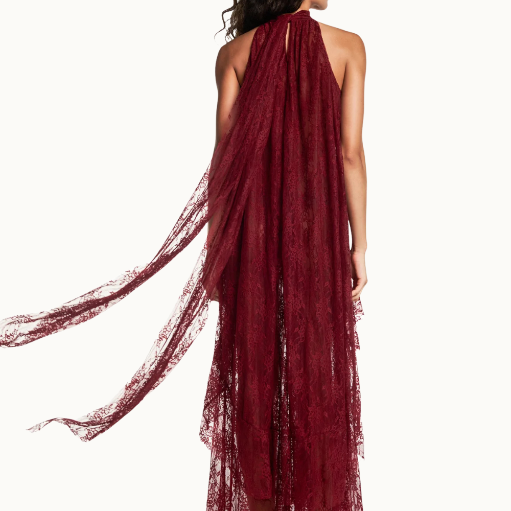 VESTIDO LONGO SEM MANGA GOLA ALTA BABADOS MULLET RENDA