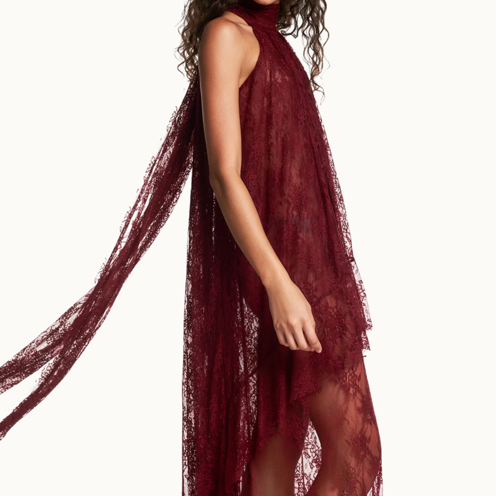 VESTIDO LONGO SEM MANGA GOLA ALTA BABADOS MULLET RENDA