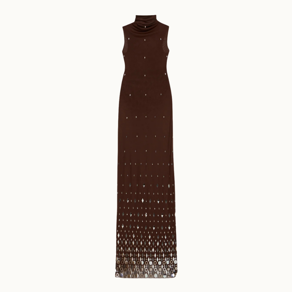 VESTIDO LONGO GOLA ALTA SEM MANGA METAIS TULE