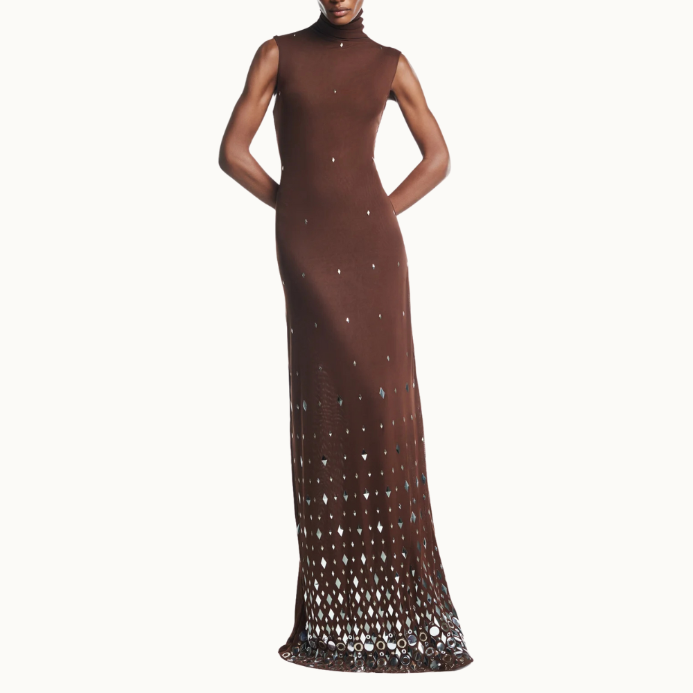 VESTIDO LONGO GOLA ALTA SEM MANGA METAIS TULE