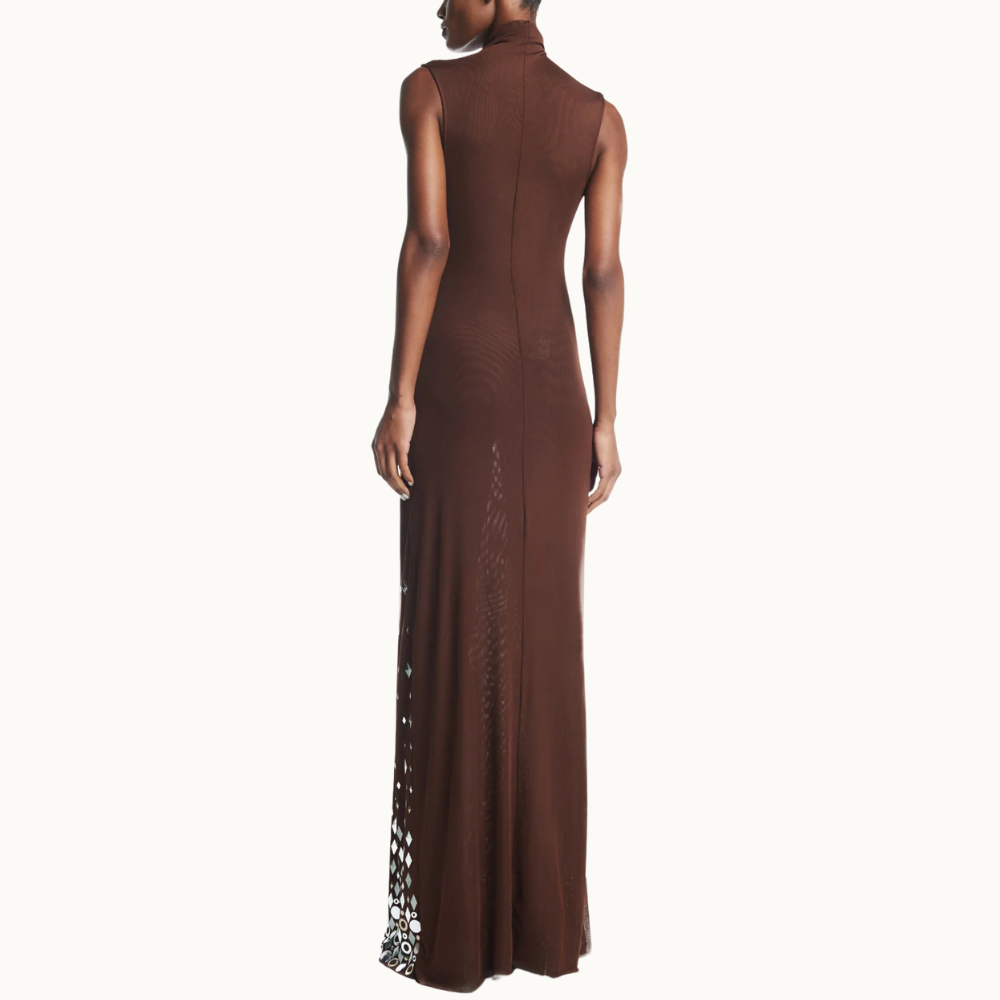 VESTIDO LONGO GOLA ALTA SEM MANGA METAIS TULE