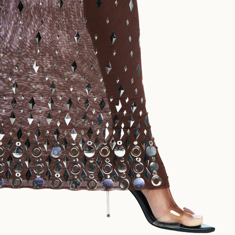 VESTIDO LONGO GOLA ALTA SEM MANGA METAIS TULE