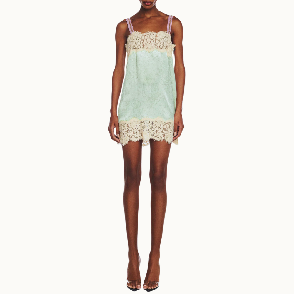 VESTIDO CURTO CETIM LAÇO VERDE RENDA BEGE